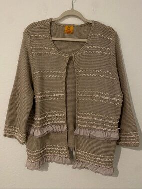 Ruby Rd. Taupe Knit Ruffle-Trim Open Cardigan